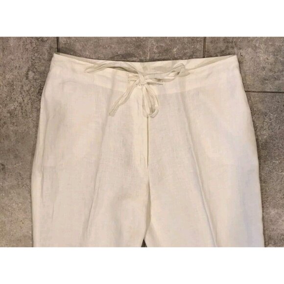 100% Linen Ivory Tie Waist Pants Laura Clement Sz 10 Pockets - Picture 2 of 5